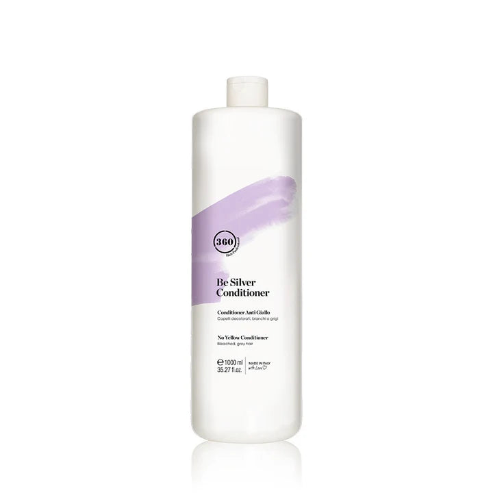 360 Be Silver Conditioner 1L bottle, creamy formula for silver hair, with silver-gray packaging and pump dispenser.