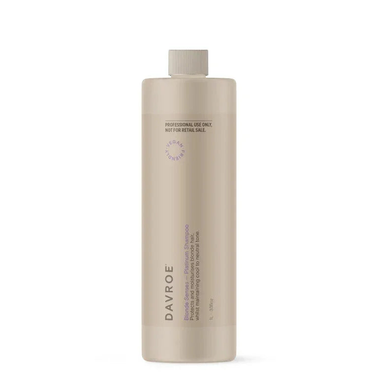 Davroe Blonde Senses Platinum Shampoo 1L bottle with a sleek design, ideal for brightening blonde hair.
