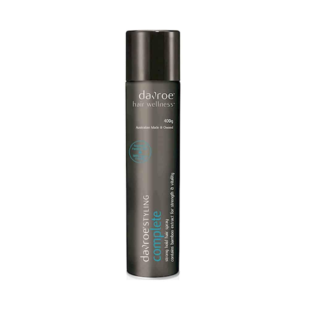 Davroe Complete Hair Spray 400g can, showcasing a sleek design for strong hold and styling control.