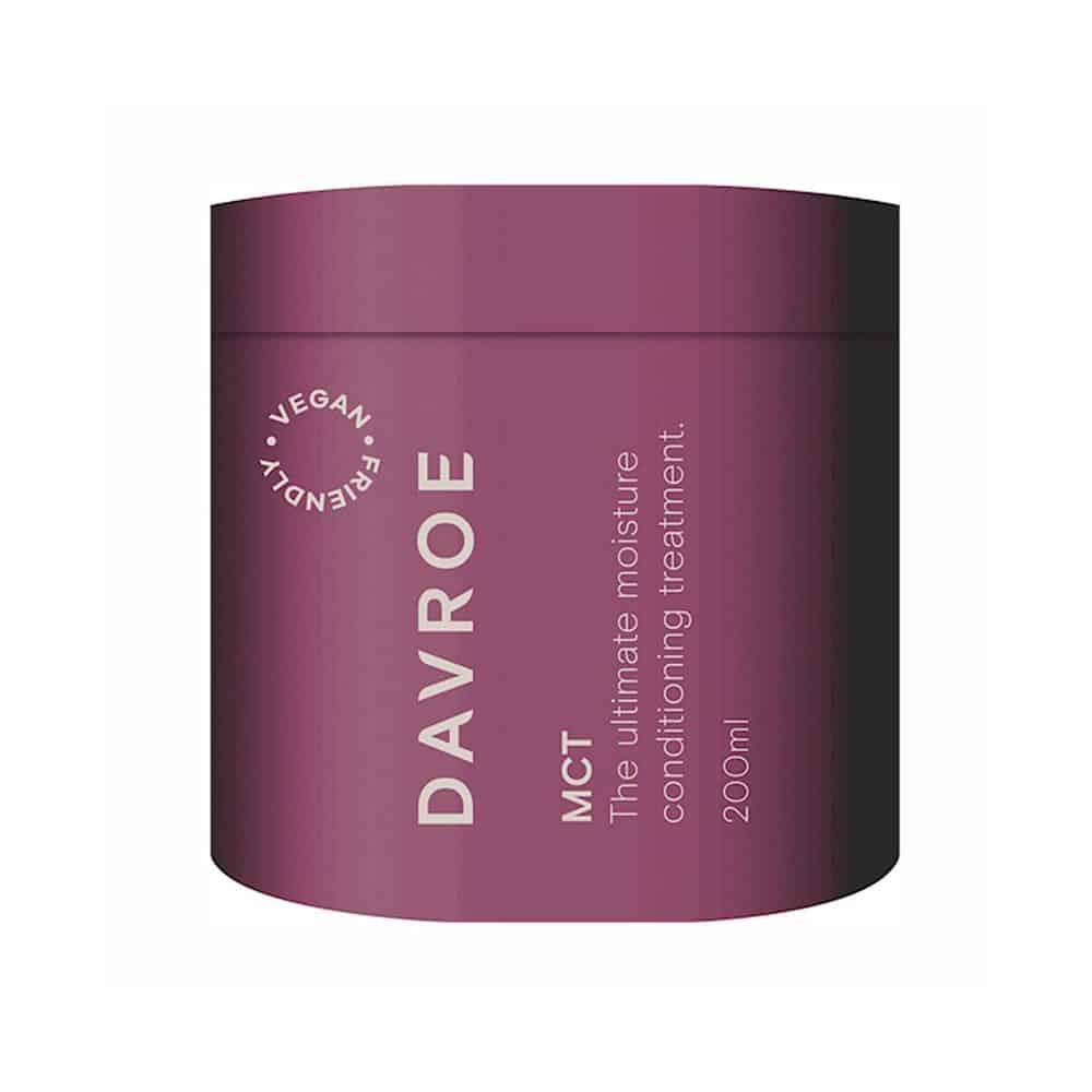 Davroe MCT 200ml moisture treatment bottle with a sleek design, showcasing its hydrating formula for healthy hair.