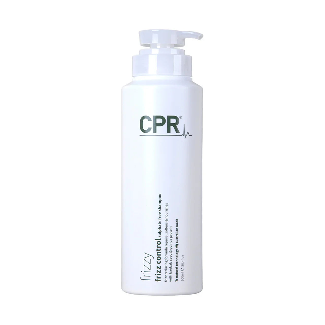 Cpr Frizzy frizz control sulphate-free shampoo in a 900 ml bottle with a sleek design and vibrant labeling.