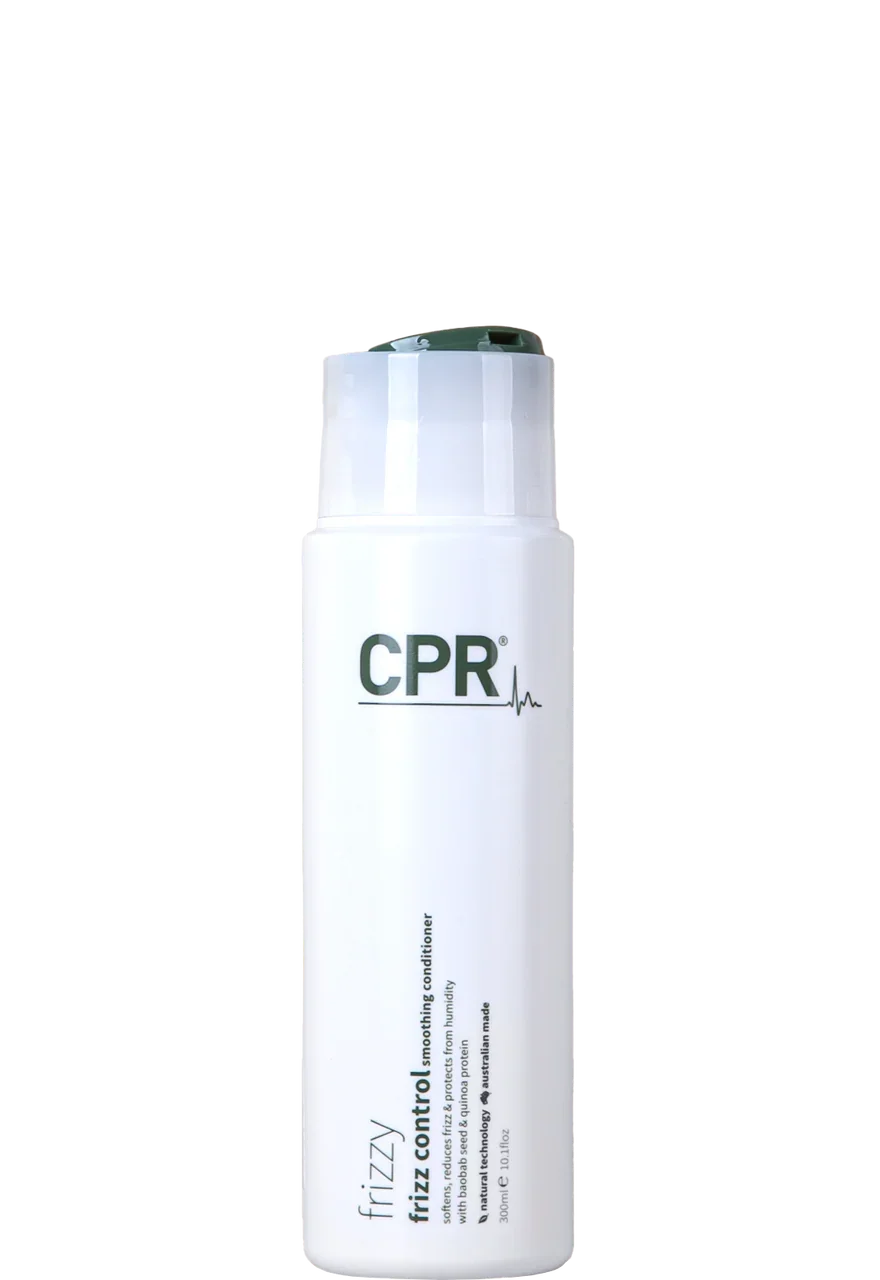 CPR Frizzy frizz control smoothing conditioner bottle with sleek design, 300ml size, in a bathroom setting.