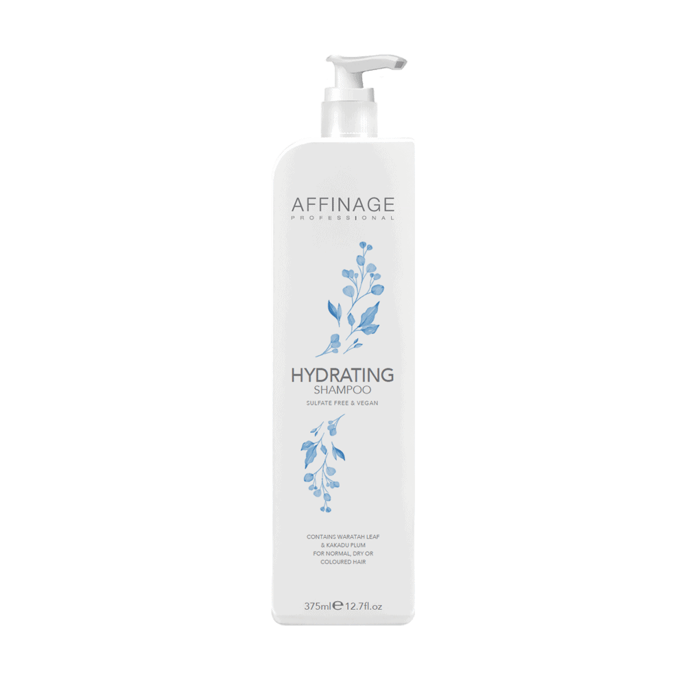 Affinage Hydrating Shampoo 375 ml bottle with a sleek design, perfect for moisturizing and nourishing hair.