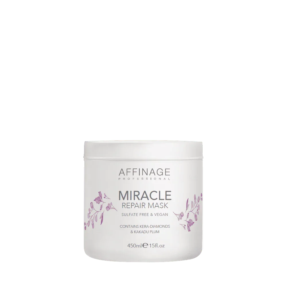 Affinage Miracle Repair Mask 450ml in a sleek container, designed to nourish and repair damaged hair.