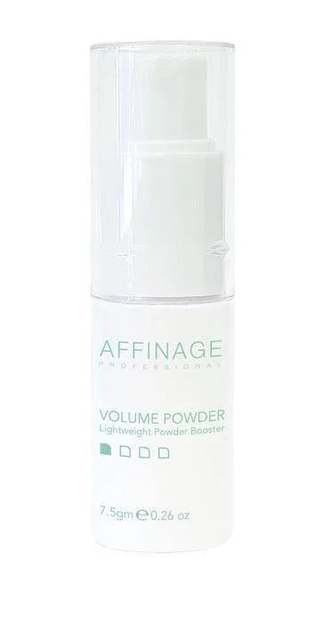 Affinage Volume Powder 7.5g in a stylish container, showcasing a lightweight, fine powder for added hair volume.
