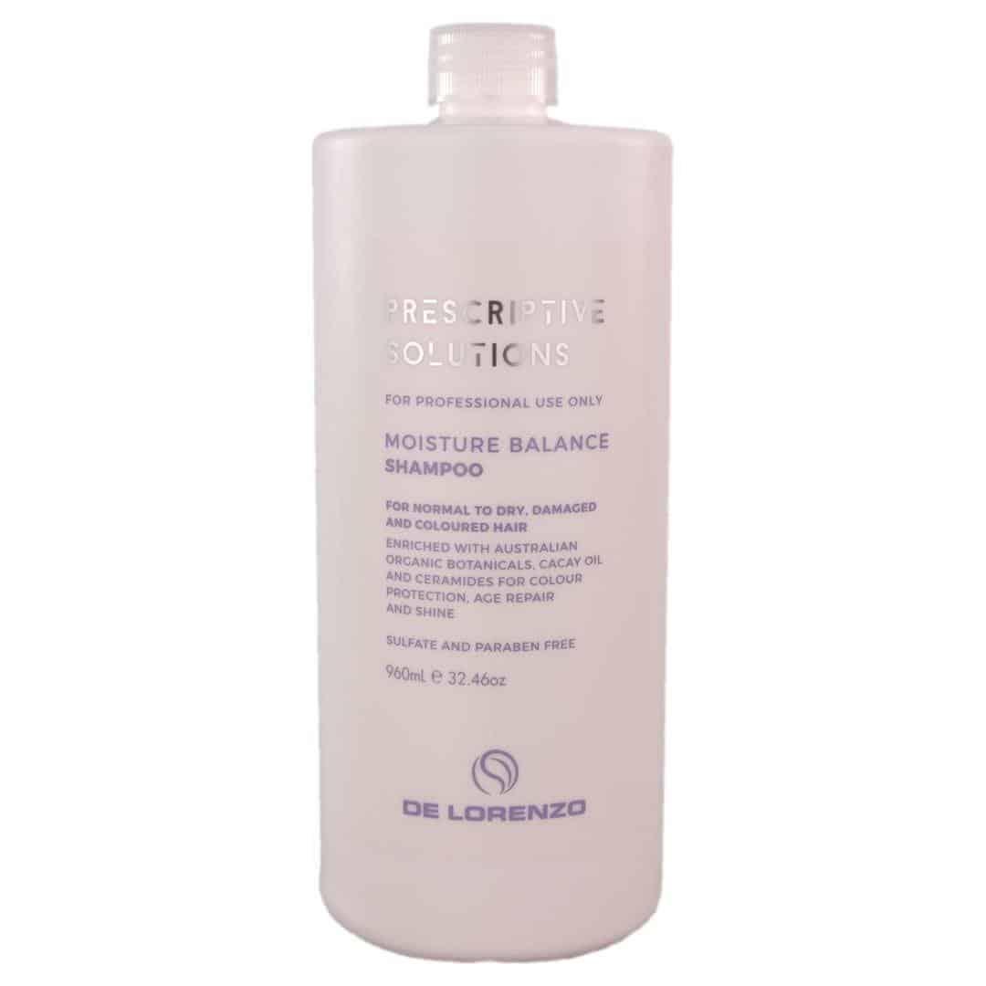 De Lorenzo Moisture Balance Shampoo 960ml bottle with a sleek design, featuring a flip-top cap and hydrating formula.