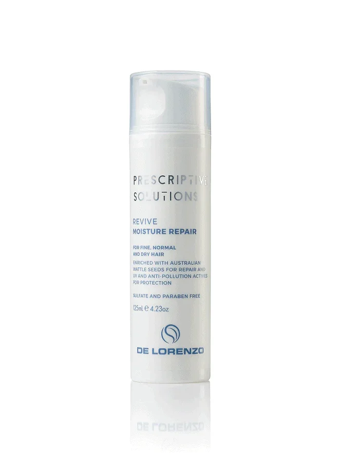 De Lorenzo Prescriptive Solutions Moisture Repair Conditioner 125ml bottle with a sleek design and vibrant label.