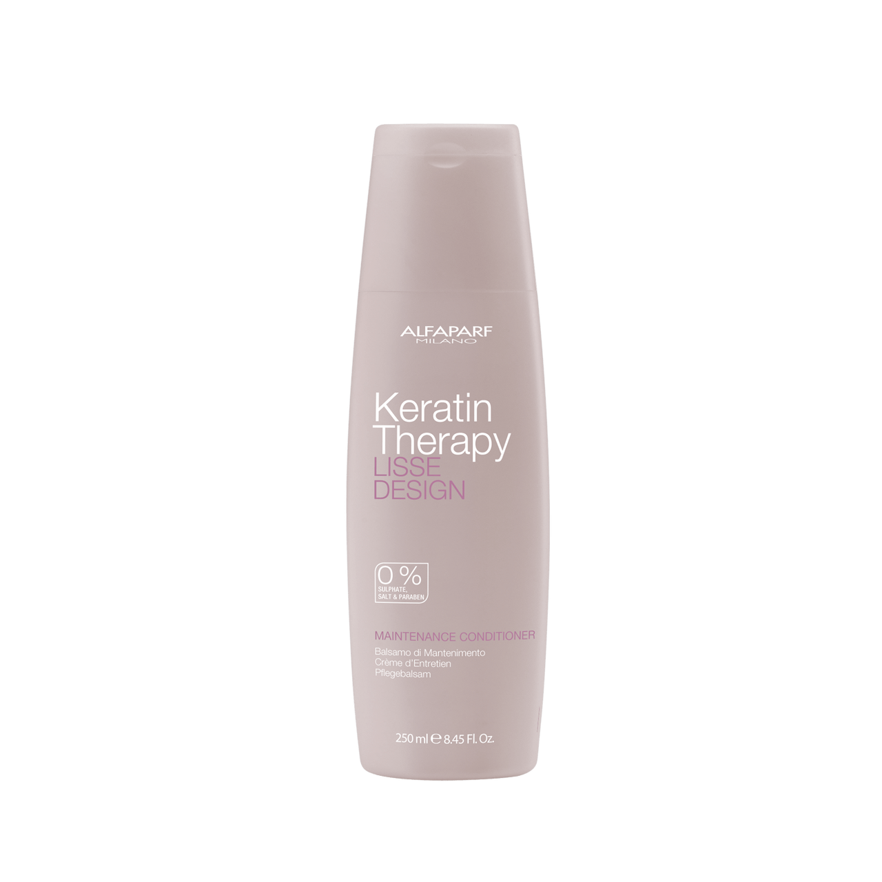 Alfaparf Lisse Design Keratin Therapy Maintenance Conditioner 250ml bottle with sleek design and label visible.