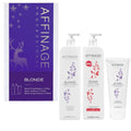 Affinage Blonde Trio hair care set with shampoo, conditioner, and treatment bottles for blonde hair nourishment and brightening.