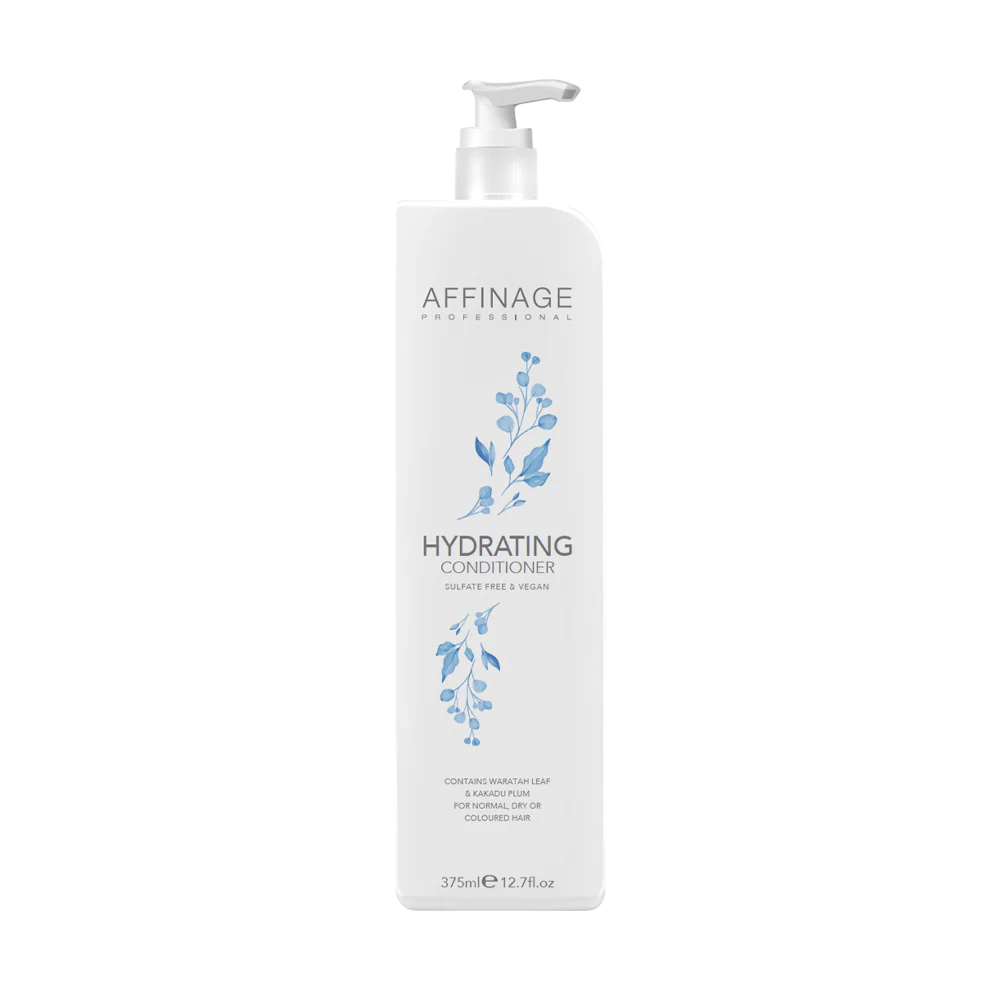 Affinage Hydrating Conditioner in a 375 ml bottle, creamy texture, designed to moisturize and nourish hair.