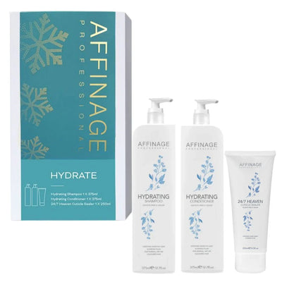 Bottle of Affinage Hydrate Trio hair care products featuring moisturizing shampoo, conditioner, and leave-in treatment.