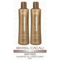 Brasil Cacau Anti Frizz Duo featuring shampoo and conditioner bottles with Brazil-inspired packaging and branding.