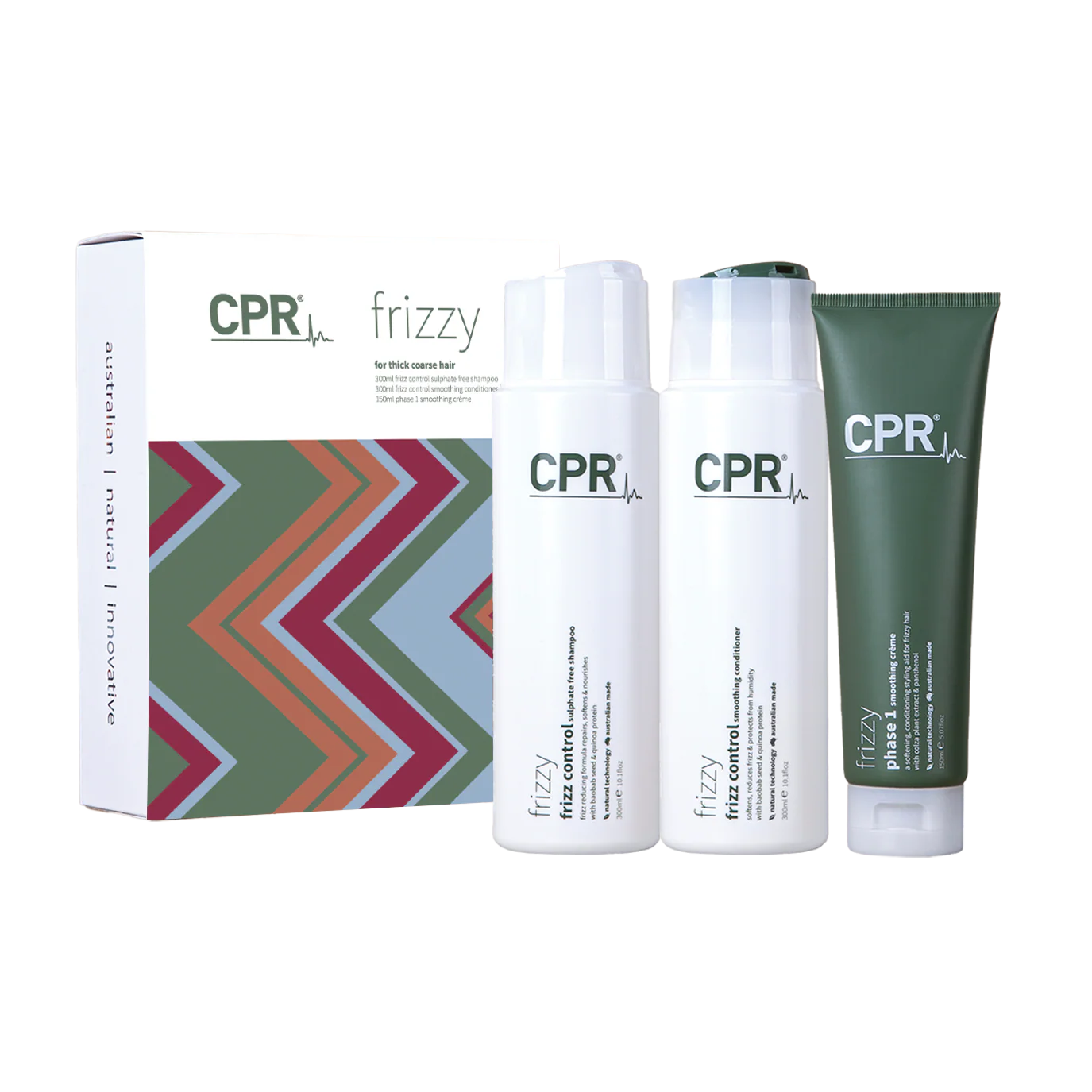 CPR Frizzy Trio Gift Pack with shampoo, conditioner, and serum for frizzy hair care, featuring colorful bottles and packaging.