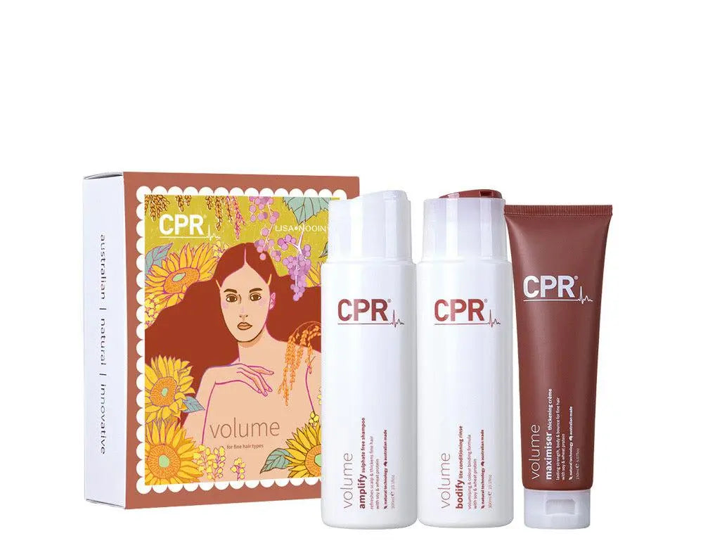 CPR Volume Solution Trio Pack gift set featuring three bottles of CPR skincare products with colorful labels and packaging.