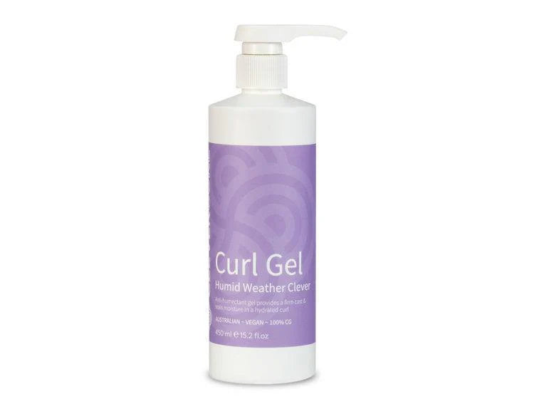 Clever Curl Humid Weather Gel 450ml in a clear bottle with a pump, designed for frizz control in humid conditions.