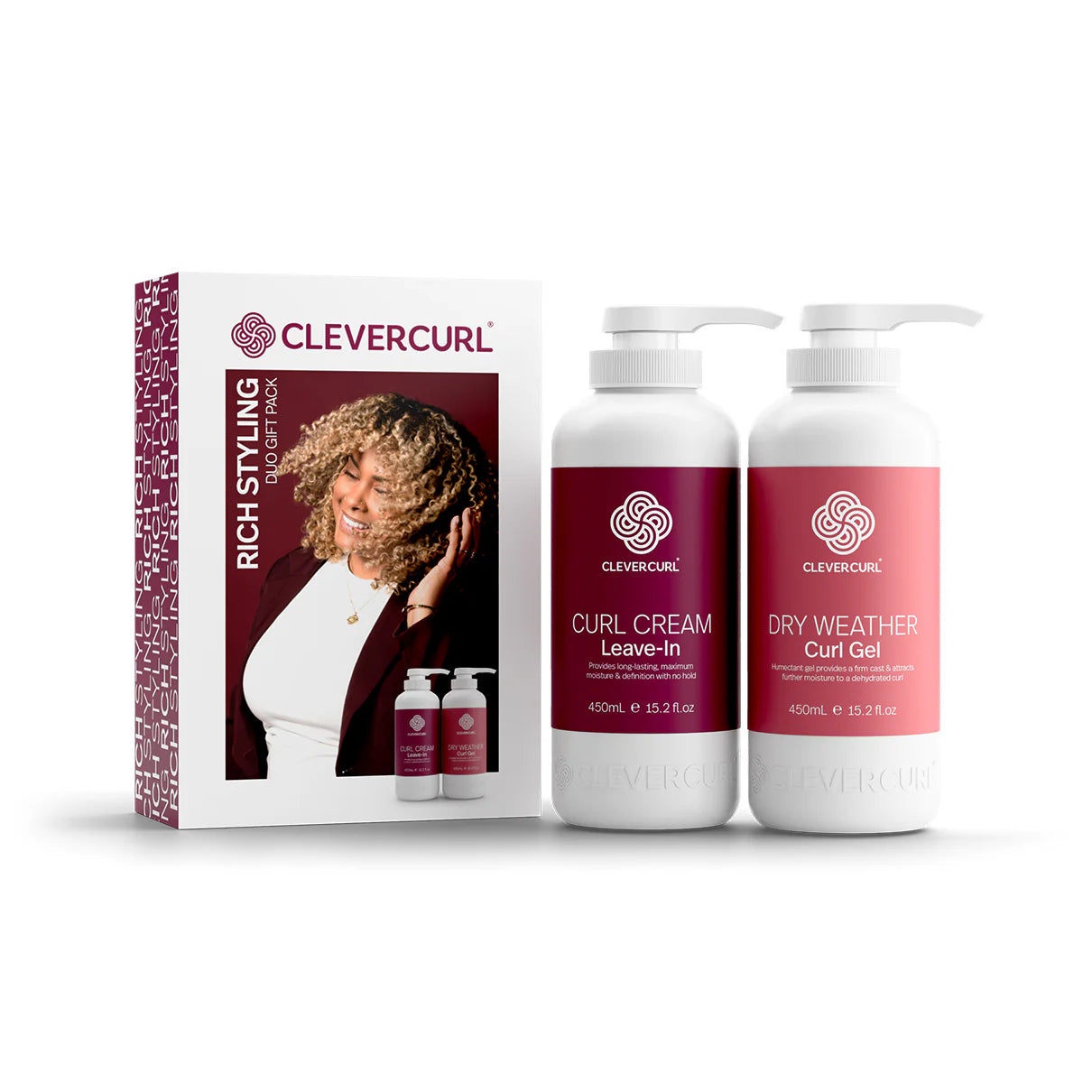 Clever Curl Rich Styling Duo Pack gift set featuring curl-enhancing products in a sleek, modern packaging.