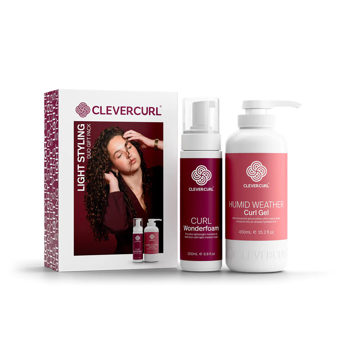 Clever Curl Light Styling Duo Pack showing two hair styling products from Clever Curl gift set, with packaging and product labels visible.