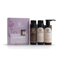 Everescents Organic Lavender Trio gift set featuring three bottles of lavender products in a natural packaging arrangement.