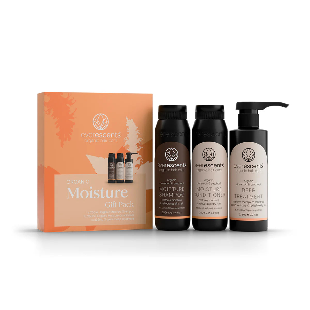 EverEscents Organic Moisture Trio Pack with three bottles of natural hair and skin moisture products in a gift set.