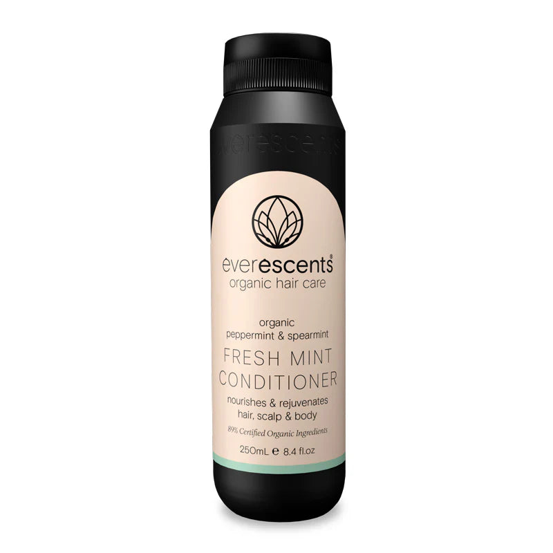 Everescents Organic Fresh Mint Conditioner 250ml bottle with mint leaves, showcasing natural ingredients and eco-friendly packaging.
