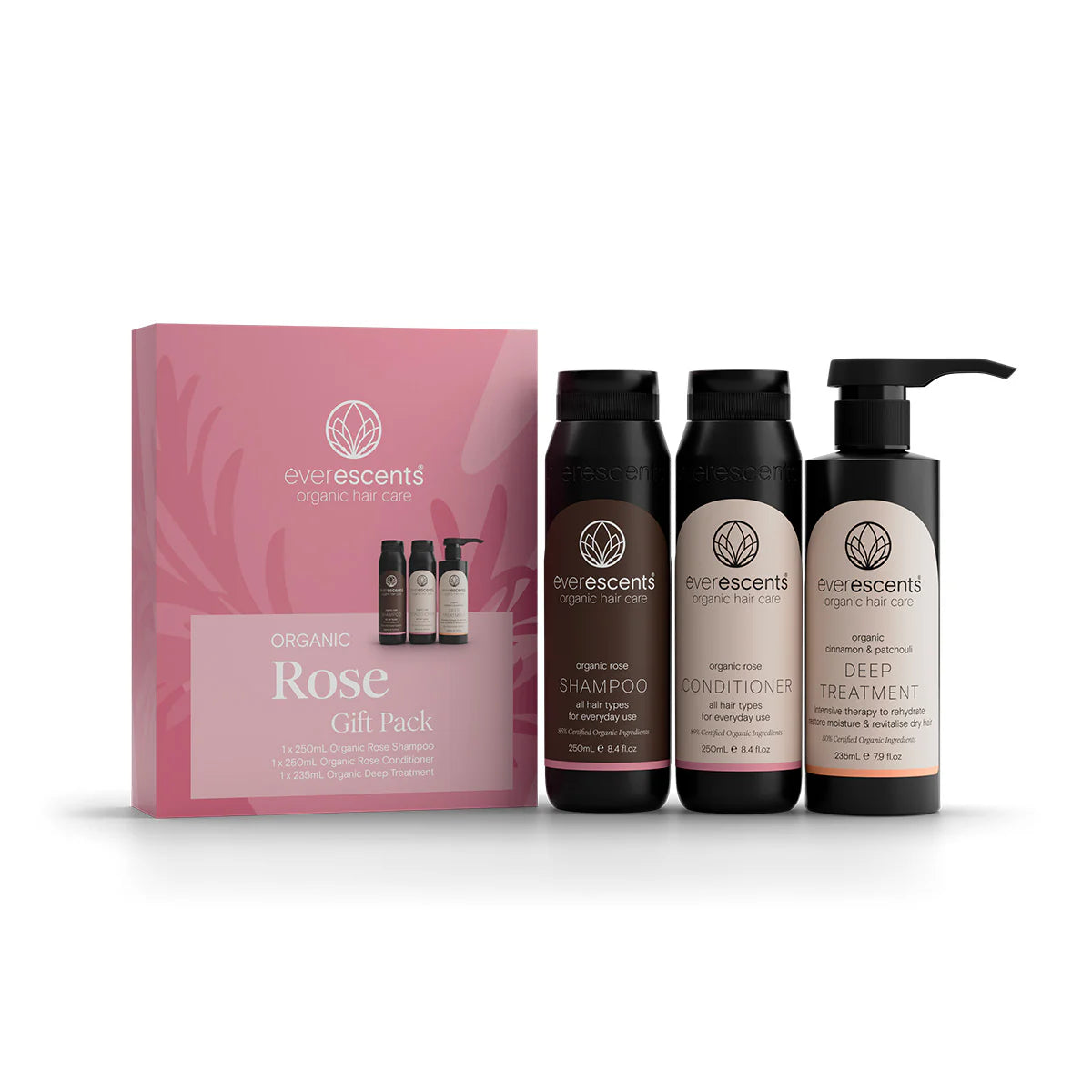Everescents Organic Rose Trio Pack gift set with three rose-scented hair and skincare products in white bottles