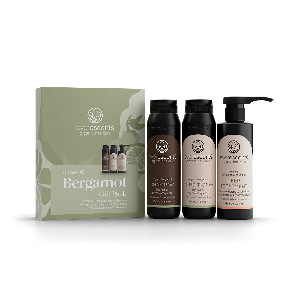 EverEscents Organic Bergamot Trio Pack gift set with three bottles of bergamot hair and skincare products in clear bottles