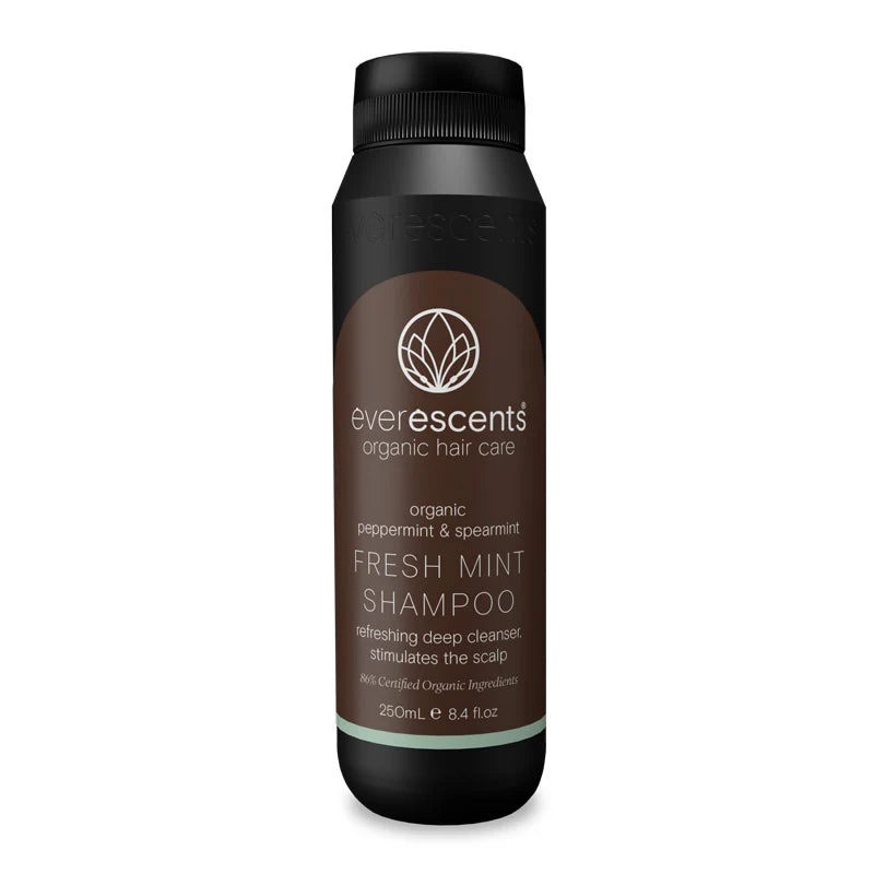 Everescents Organic Fresh Mint Shampoo bottle with label, 250ml size, featuring a green and white design and fresh mint imagery.