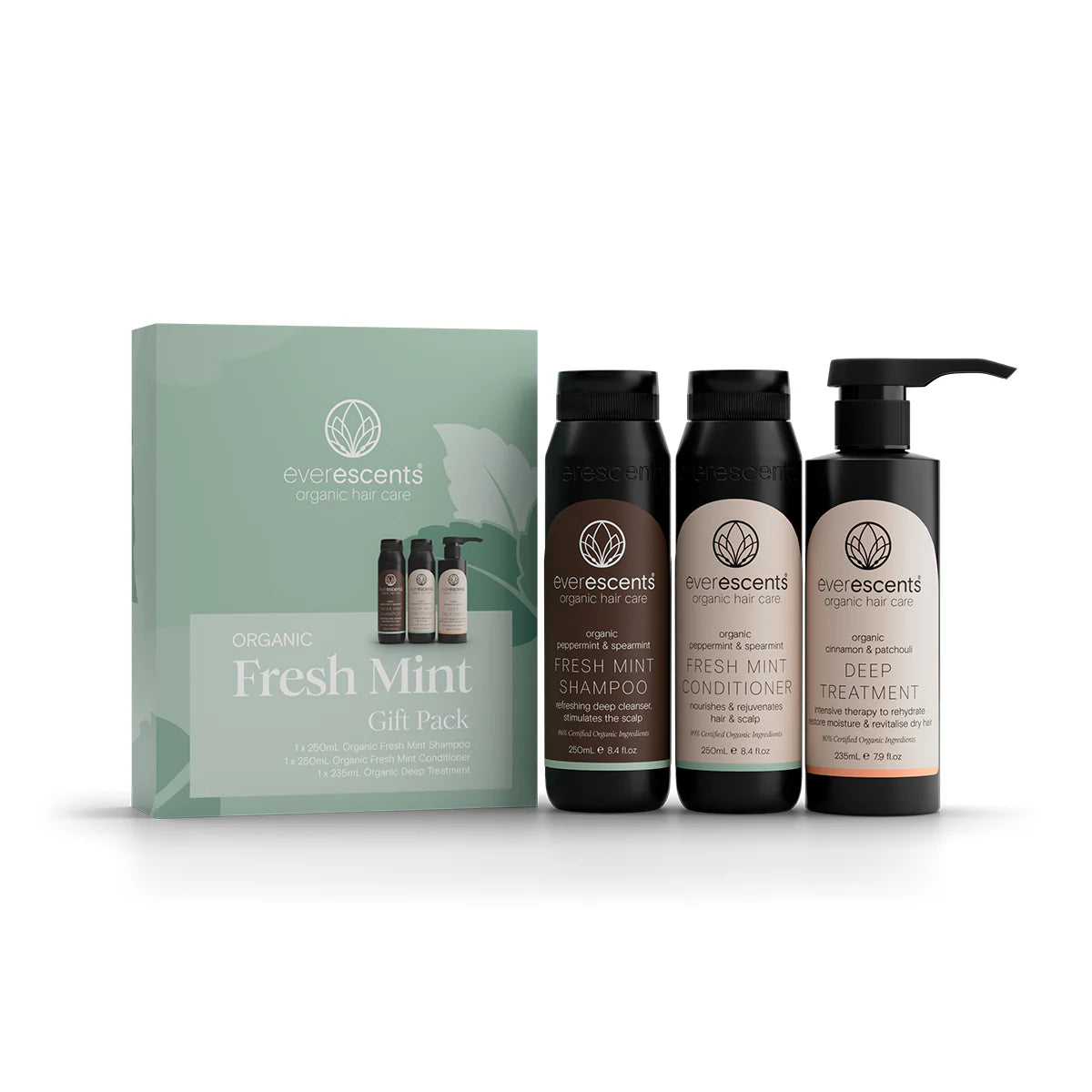 EverEscents Organic Fresh Mint gift set with three bottles of natural mint hair or body products in a colorful bundle.