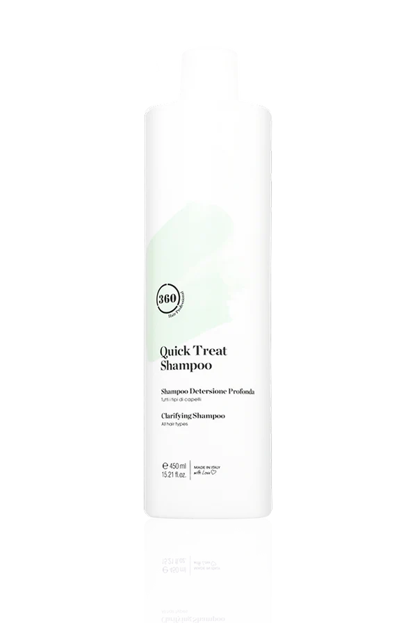 Bottle of 360 Quick Treat Shampoo 450ml with a sleek label, showcasing the haircare product from the 360 brand.