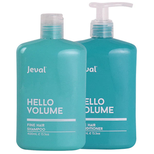 Jeval Hello Volume fine hair shampoo and conditioner duo in 400ml bottles on a neutral background.