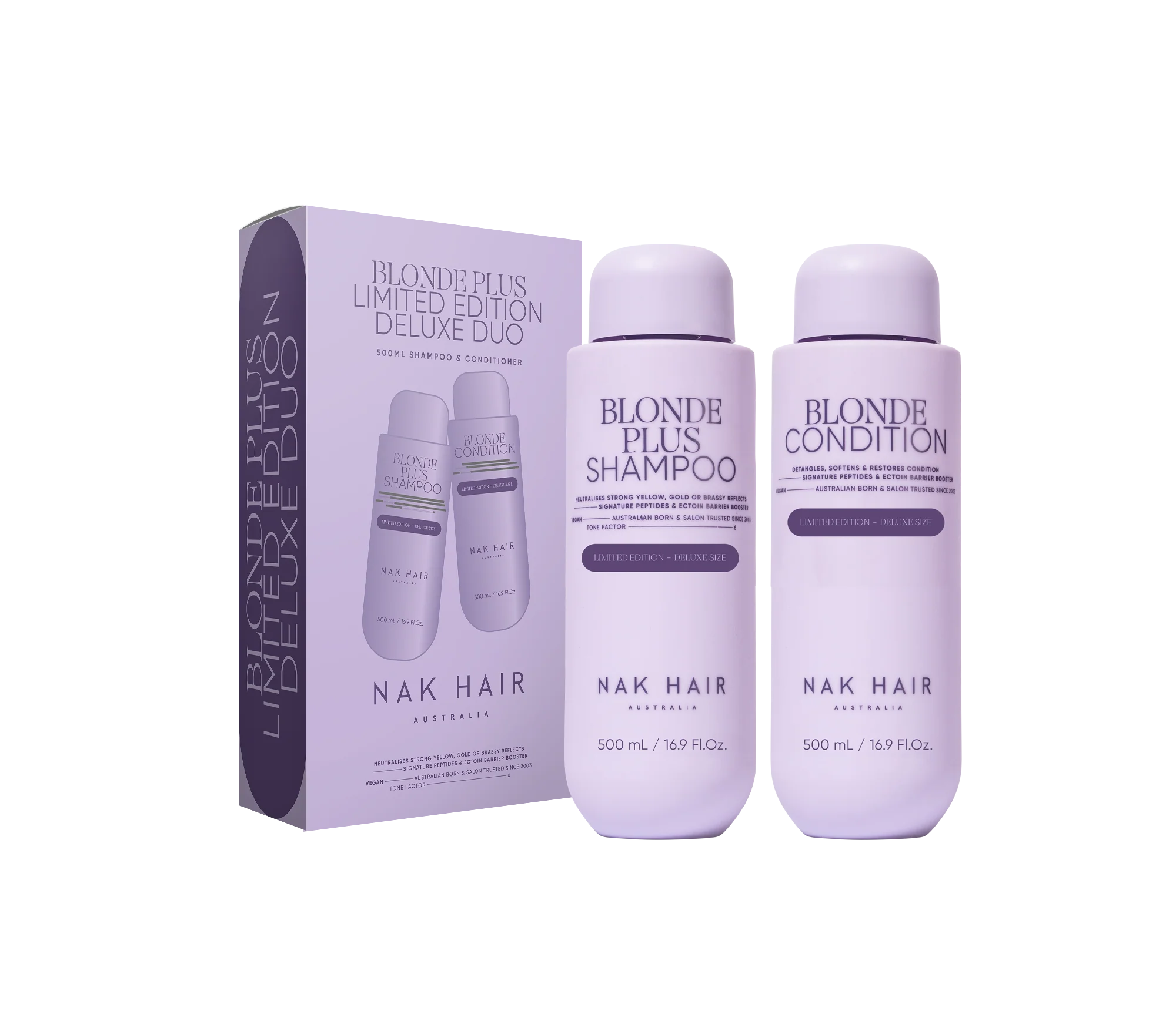 Nak Signature Limited Edition Blonde Plus 500ml duo set featuring shampoo and conditioner for blonde hair care.