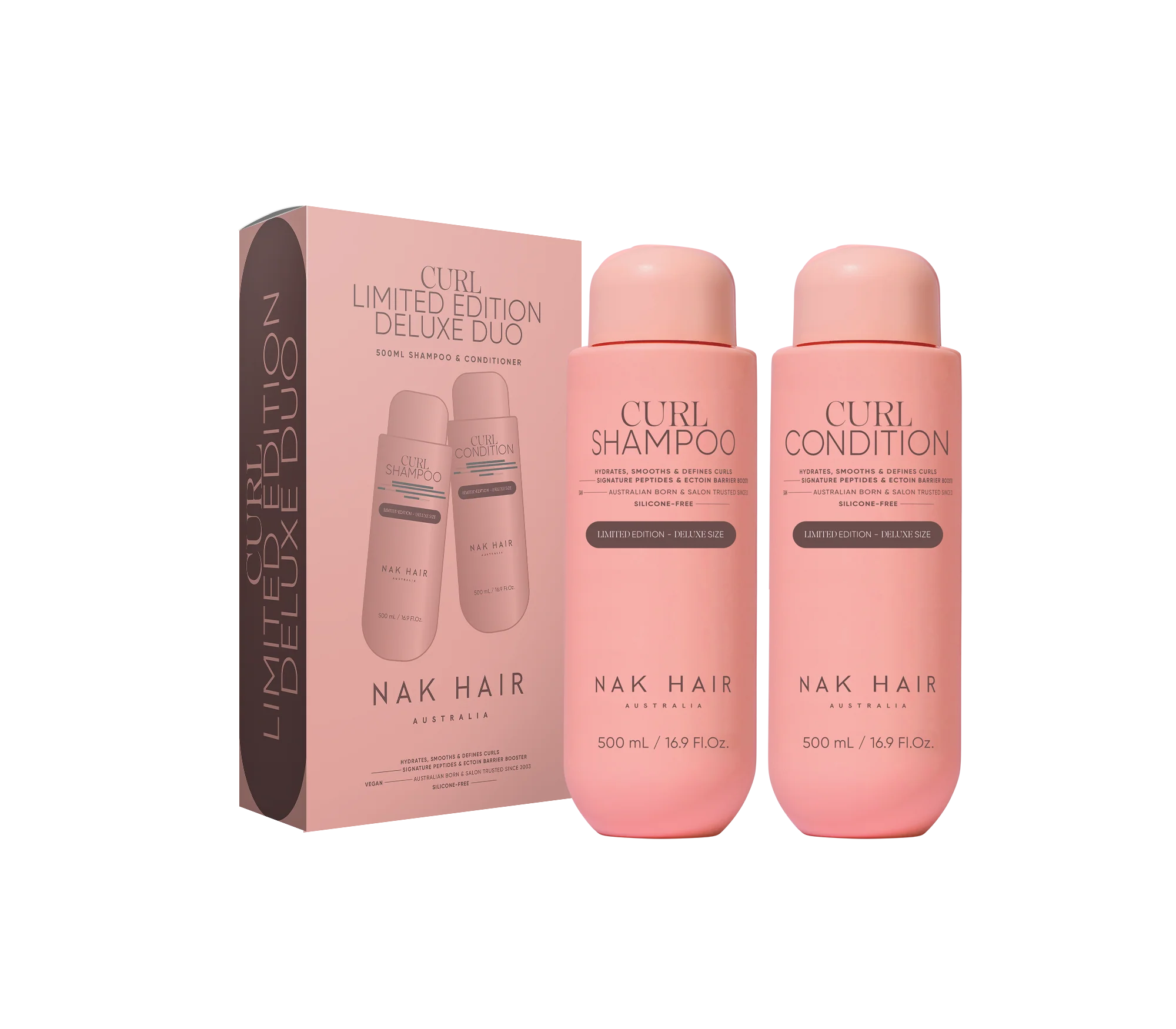 Nak Signature Limited Edition 500ml Curl Duo with shampoo and conditioner from mark james hair studio, featuring sleek packaging.