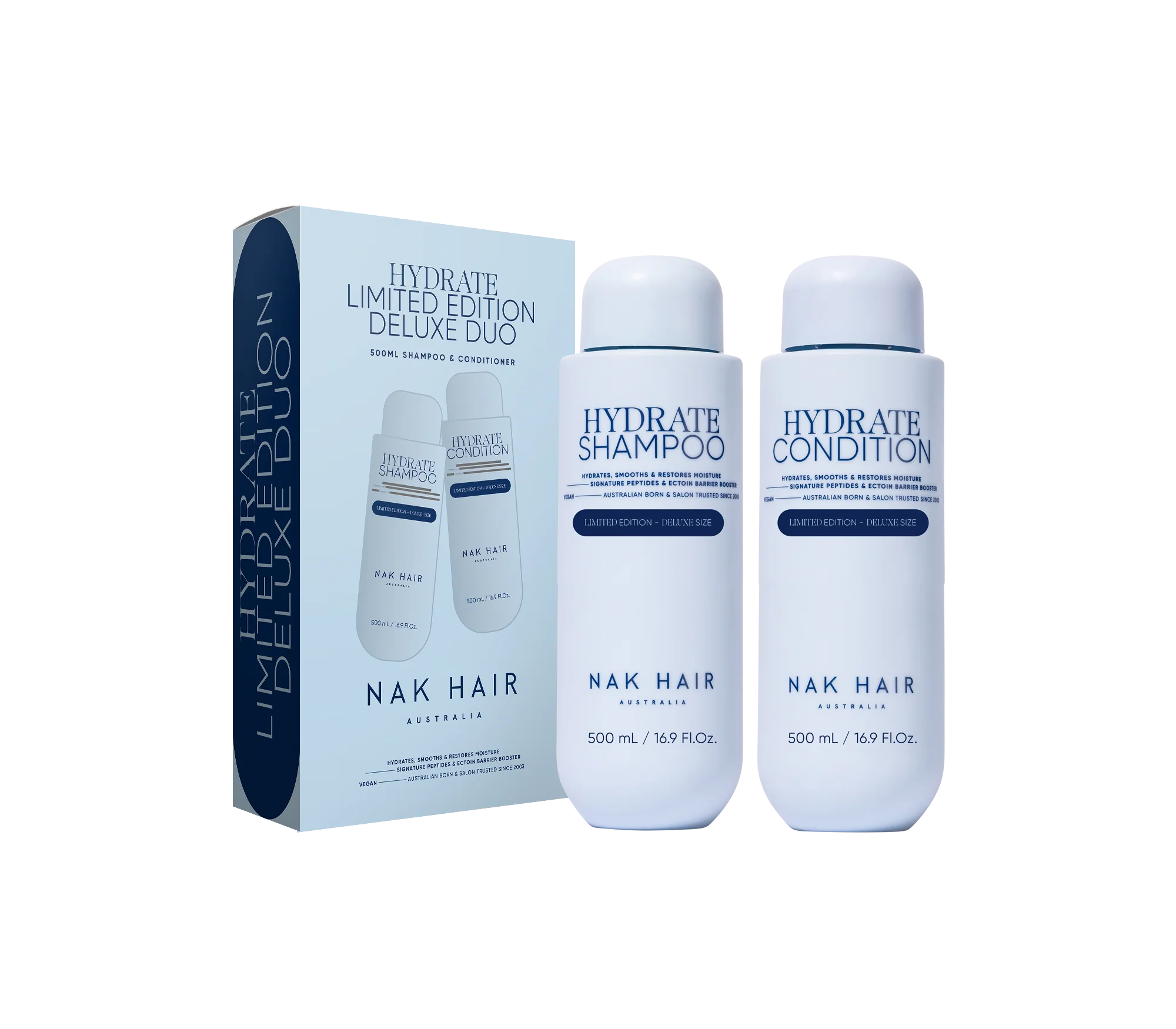 Nak Signature Limited Edition 500ml Hydrate Duo from mark james hair studio featuring two bottles of moisturizing hair care products