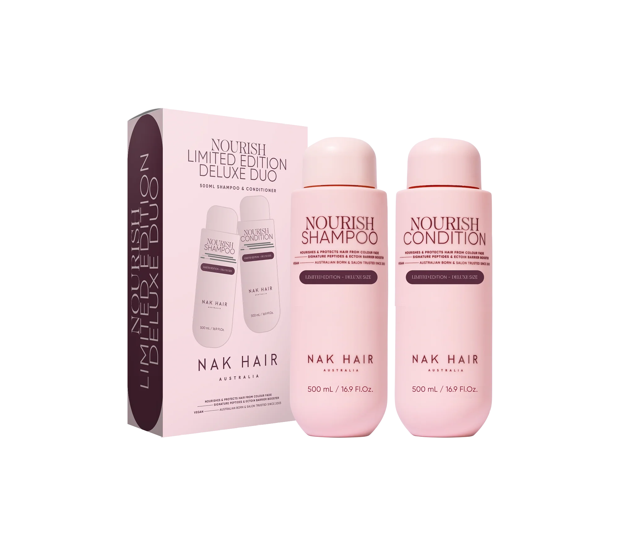 Nak Signature Limited Edition 500ml Nourish Duo gift set with two nourishing hair care bottles, ideal for hair hydration and health.