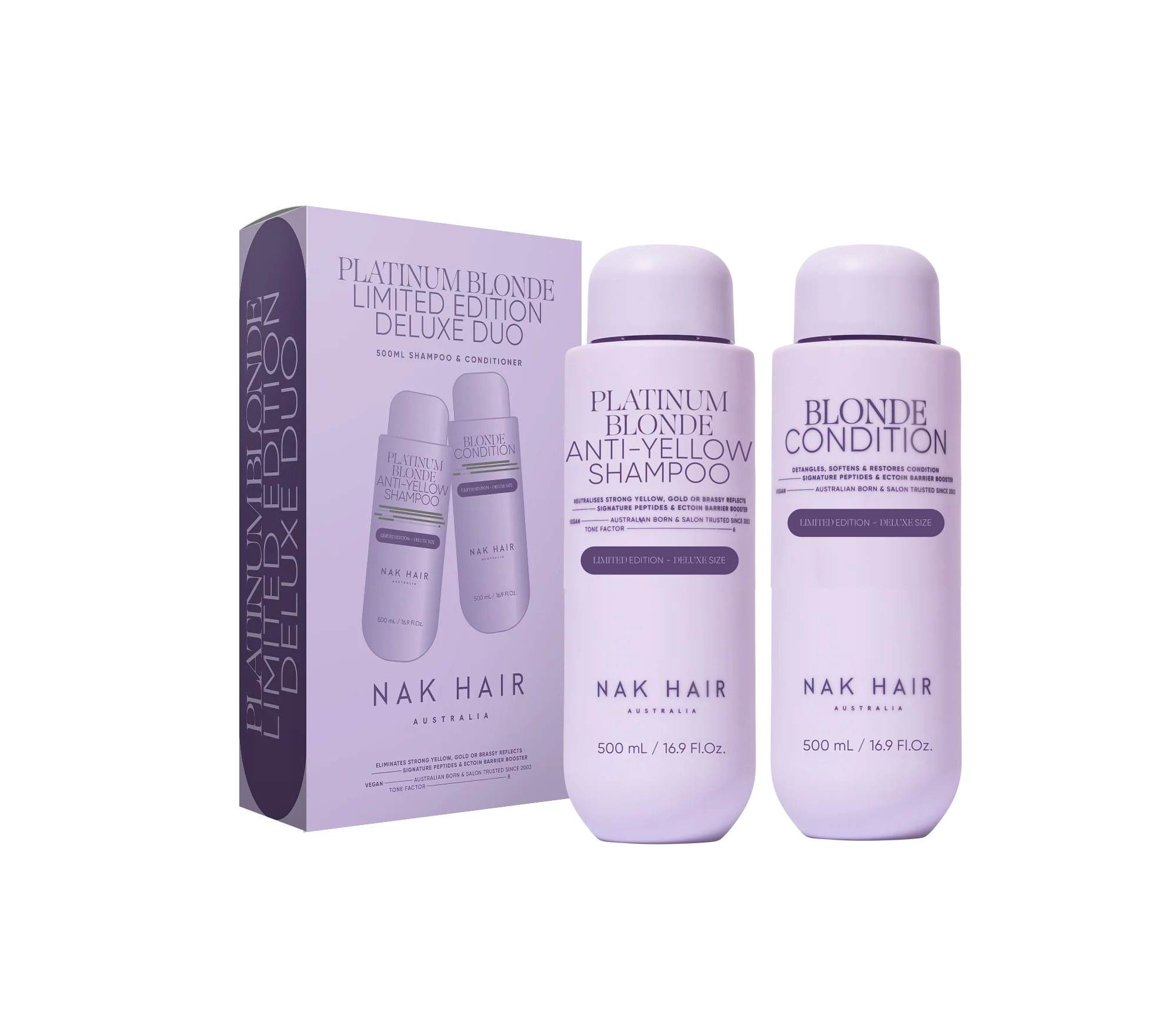 Nak Signature Limited Edition 500ml Duo Platinum Blonde hair care set from mark james hair studio, featuring sleek bottles.