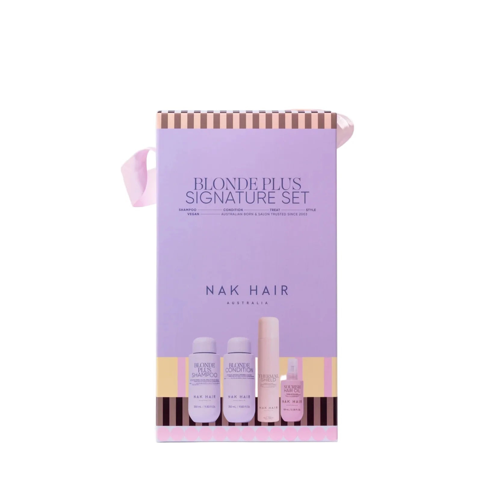 Nak Signature Holiday Blonde Plus Quad gift set featuring four blonde hair care products from nak.