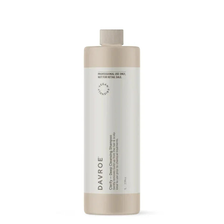 Davroe Clarify Deep Cleansing Shampoo 1L bottle with a sleek design, showcasing its clear liquid and label details.