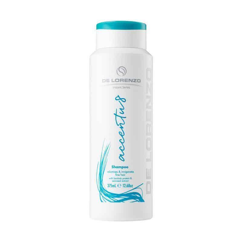 De Lorenzo Accentu8 volumizing shampoo 375ml bottle with a sleek design and vibrant label on a white background.